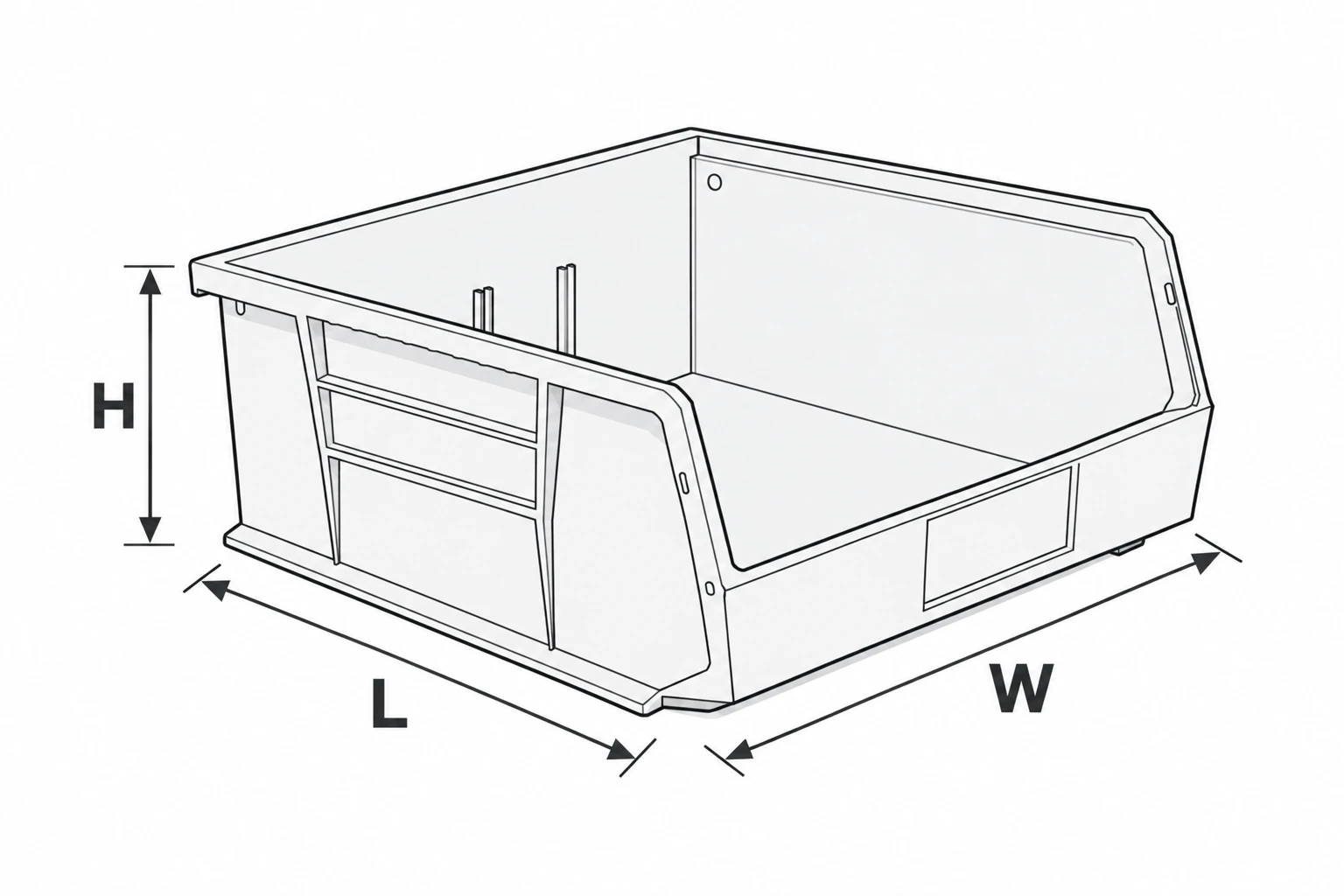Stackable bin dimension guide showing length, width and height