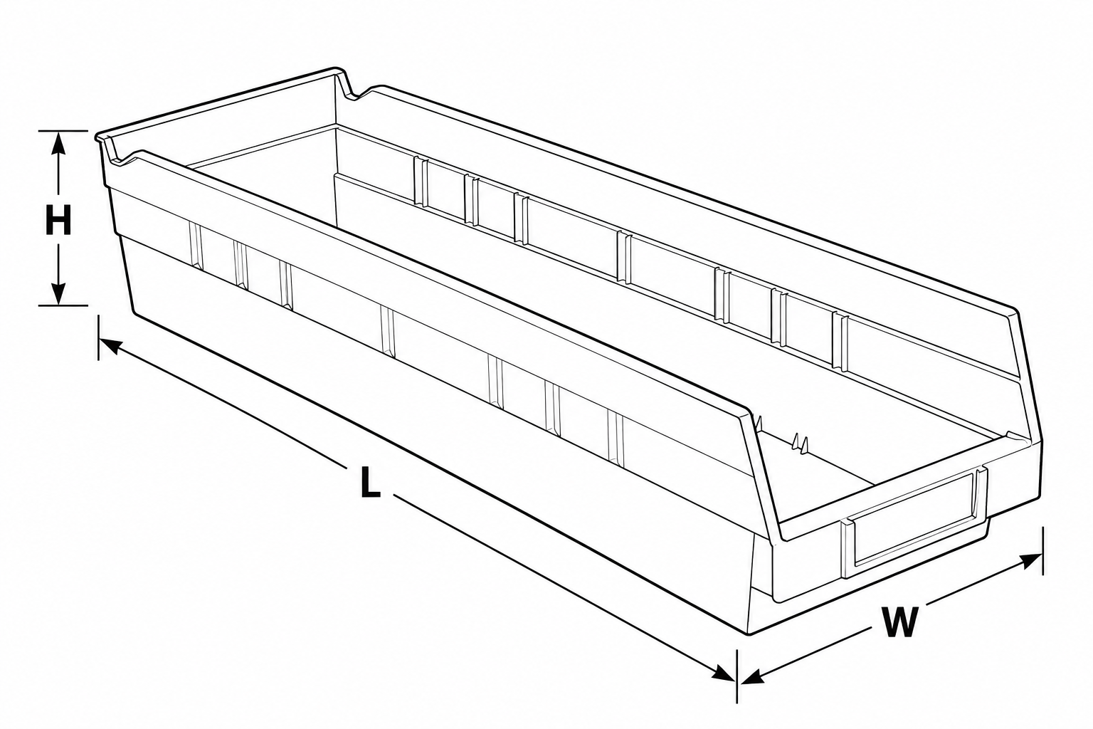 Nestable plastic bin dimension guide showing length, width and height
